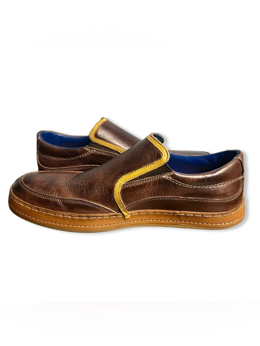 Bed Stu Workshop Freestyle Leather Slip-On‎ Loafer Brown Yellow Blue Sz 9